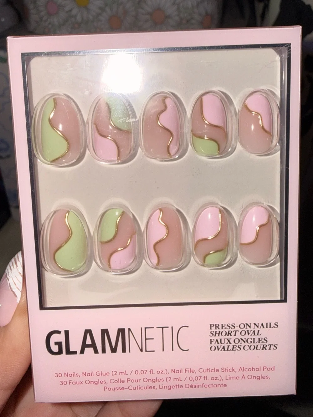 Glamnetic Pink & Green Press-On Short Oval Nails